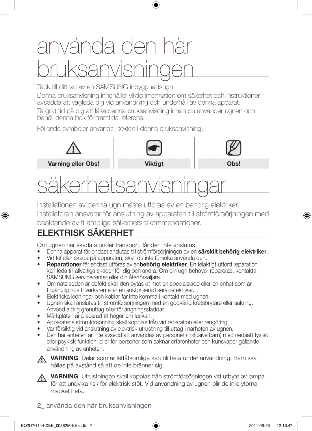 Samsung BQ2D7G144/XEE manual Säkerhetsanvisningar, Elektrisk säkerhet 