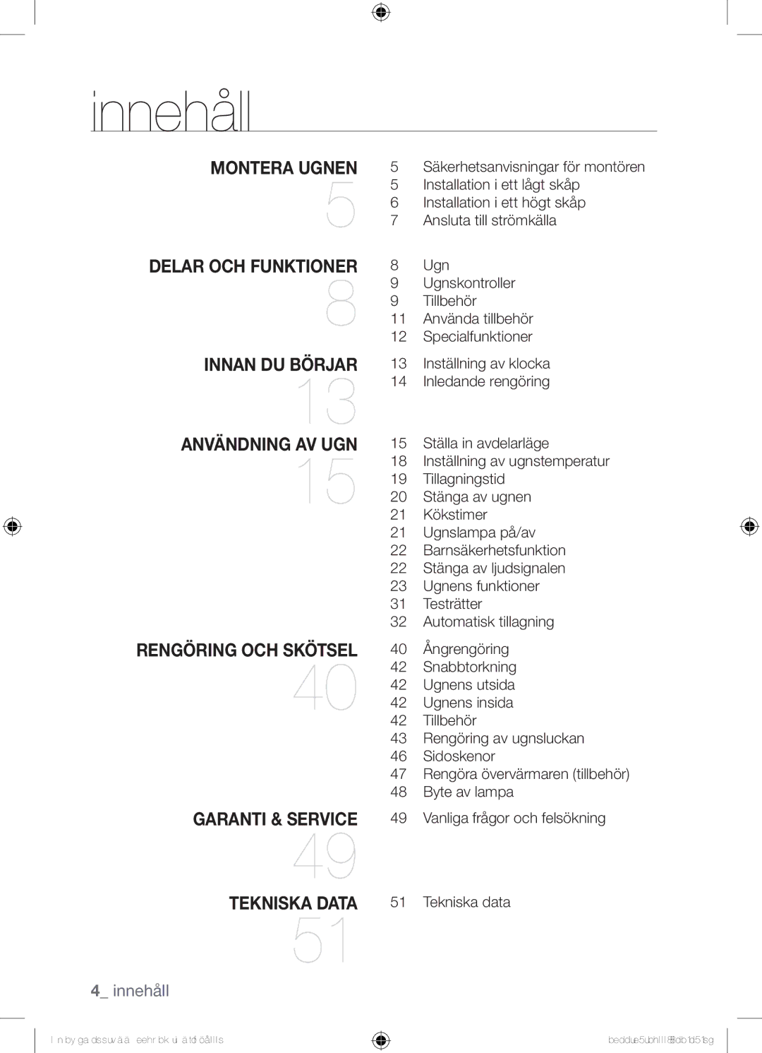 Samsung BQ2D7G144/XEE manual Innehåll, Montera ugnen Delar och funktioner 