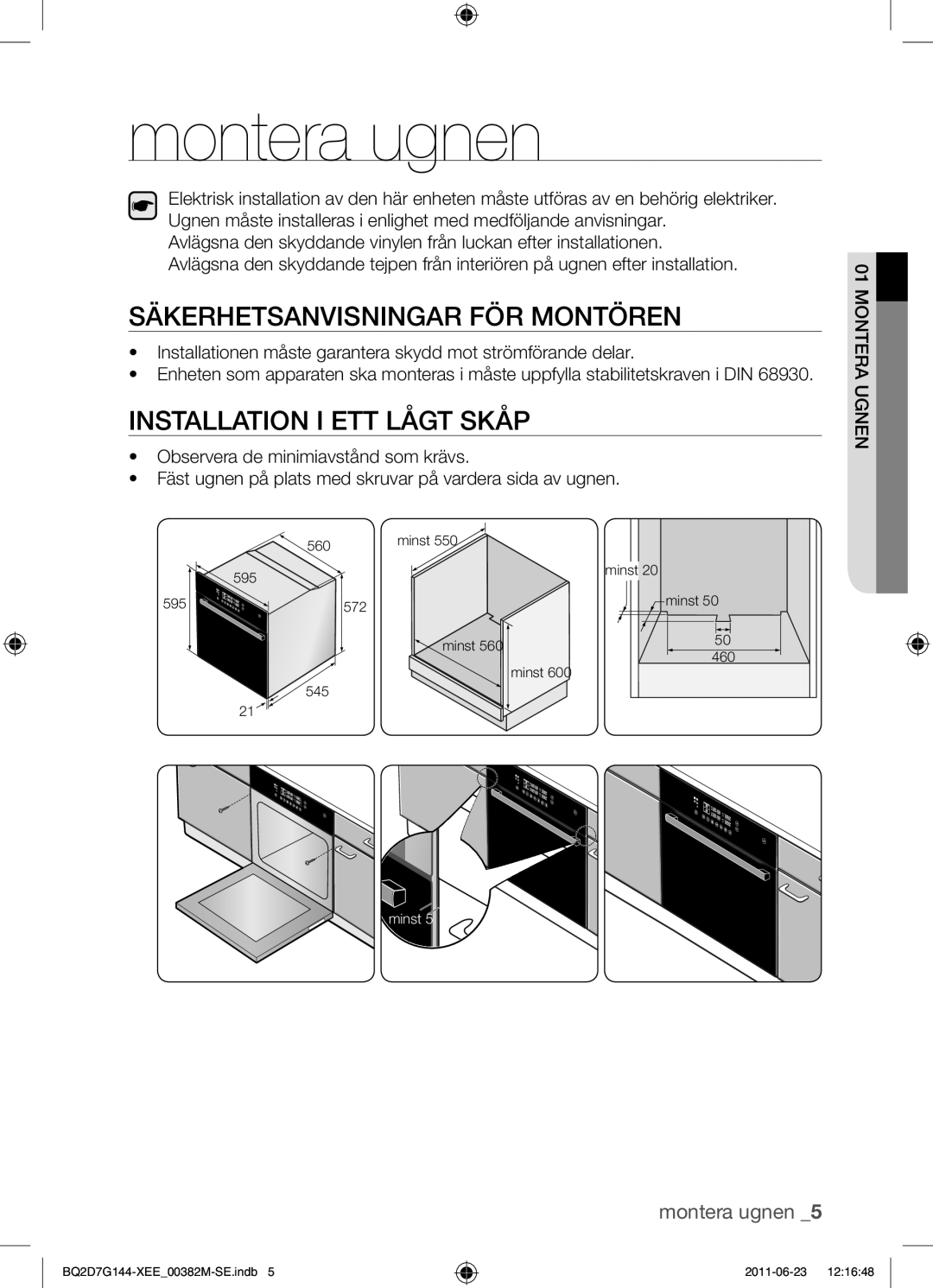 Samsung BQ2D7G144/XEE manual Montera ugnen, Säkerhetsanvisningar för montören, Installation i ett lågt skåp 