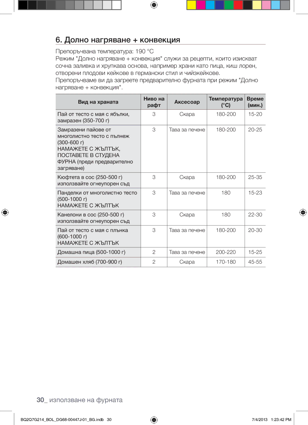 Samsung BQ2Q7G214/BOL manual Долно нагряване + конвекция, 30 използване на фурната, Намажете С Жълтък Поставете В Студена 