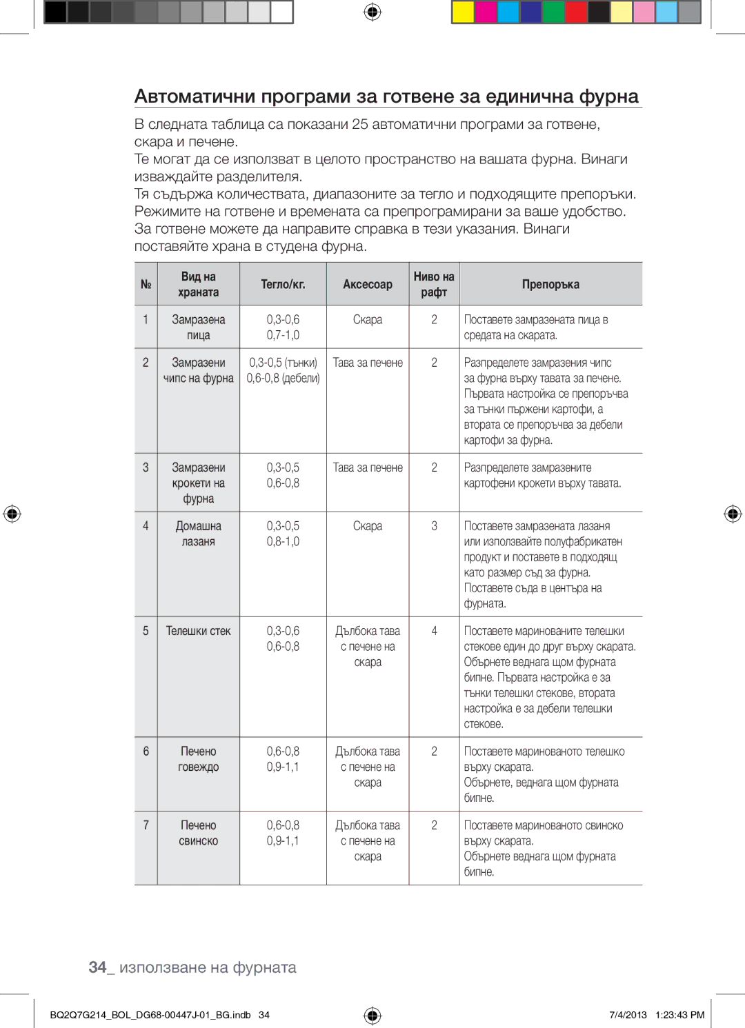 Samsung BQ2Q7G214/BOL manual Автоматични програми за готвене за единична фурна, 34 използване на фурната, Препоръка 