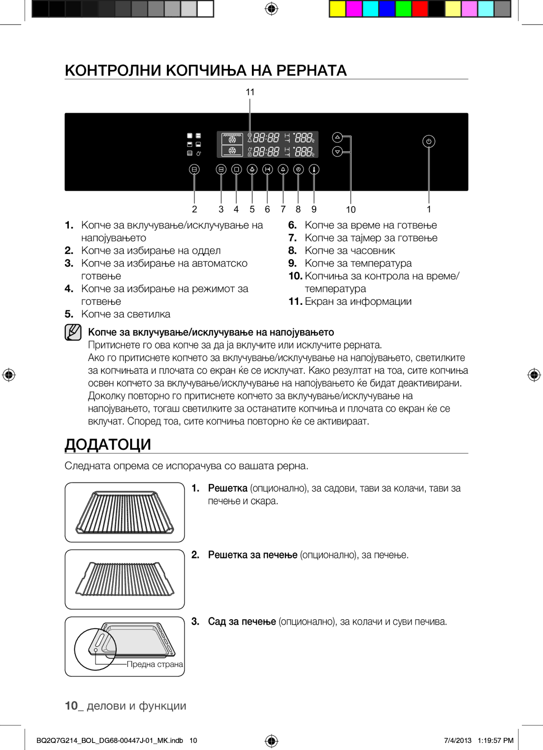 Samsung BQ2Q7G214/BOL manual Контролни Копчиња НА Рерната, Додатоци, 10 делови и функции 