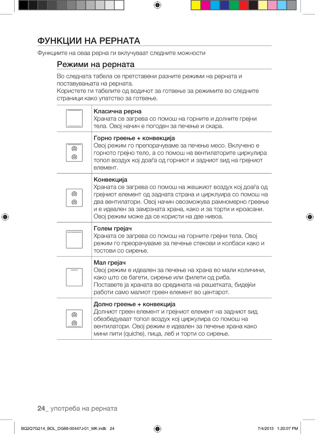 Samsung BQ2Q7G214/BOL manual Функции НА Рерната, Режими на рерната, 24 употреба на рерната 