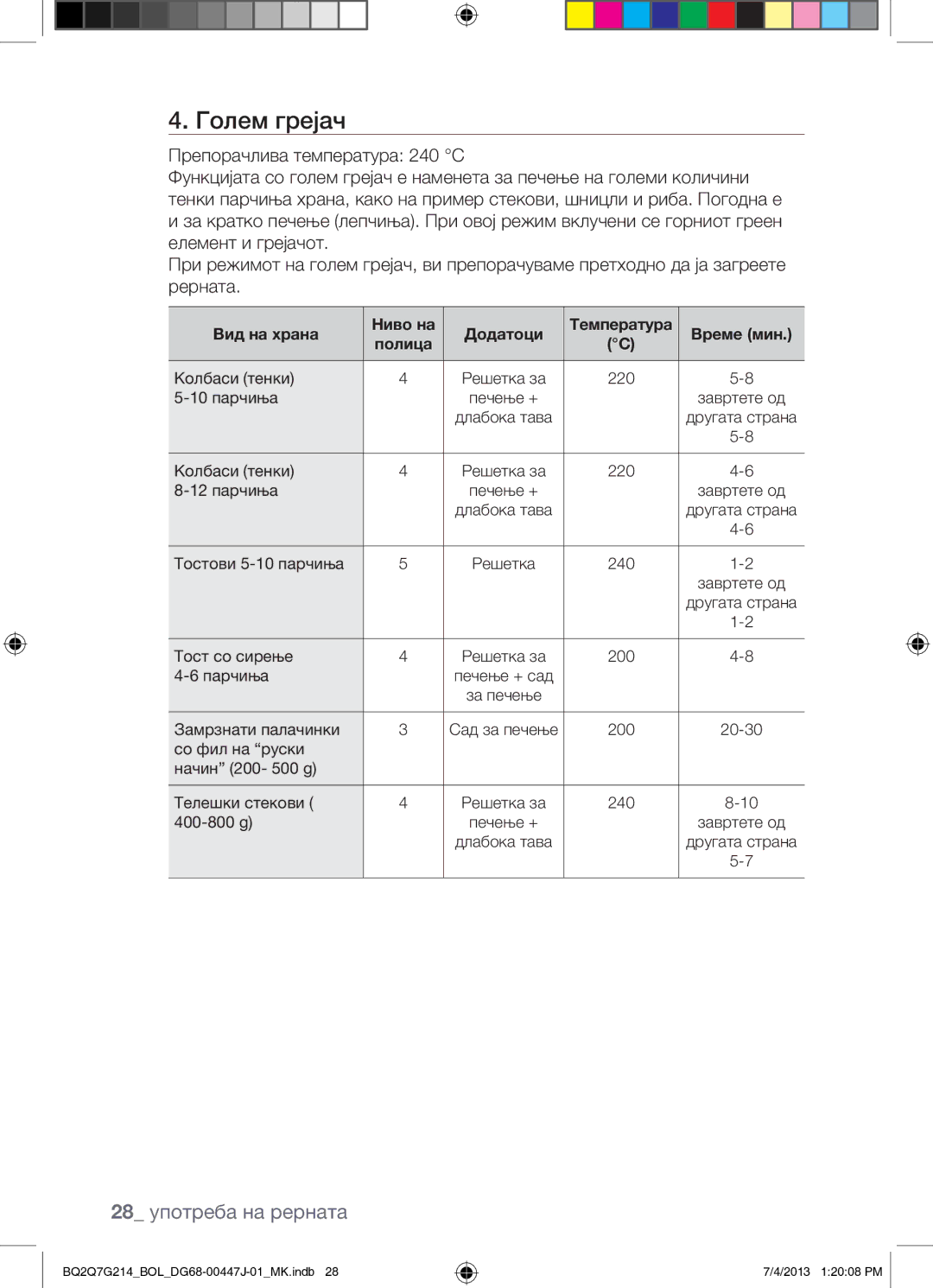 Samsung BQ2Q7G214/BOL manual Голем грејач, 28 употреба на рерната, Препорачлива температура 240 C, Време мин 