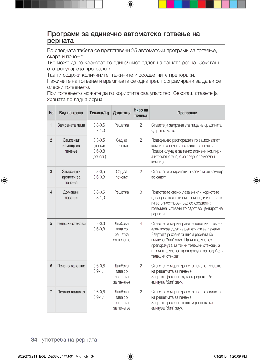 Samsung BQ2Q7G214/BOL manual Програми за единечно автоматско готвење на рерната, 34 употреба на рерната, Препораки 