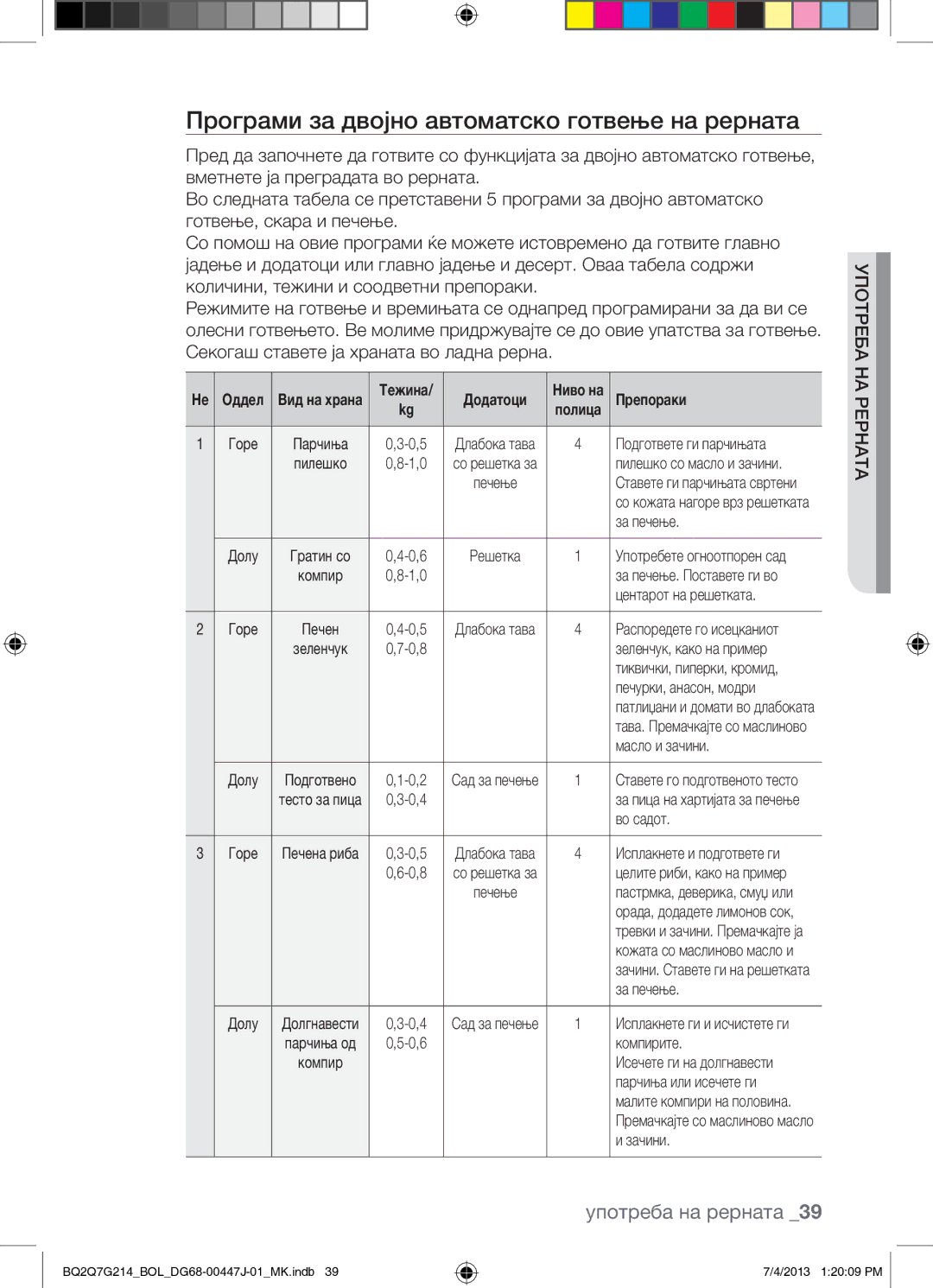 Samsung BQ2Q7G214/BOL manual Програми за двојно автоматско готвење на рерната 