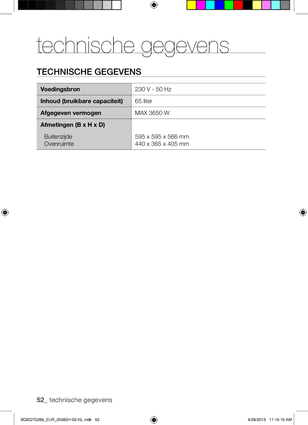 Samsung BQ2Q7G269/EUR manual Technische gegevens, Technische Gegevens 