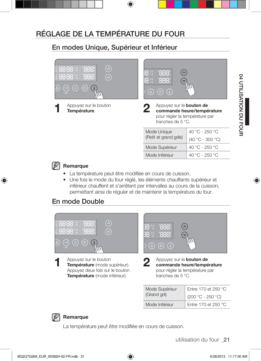 Samsung BQ2Q7G269/EUR manual Réglage DE LA Température DU Four, En modes Unique, Supérieur et Inférieur, En mode Double 