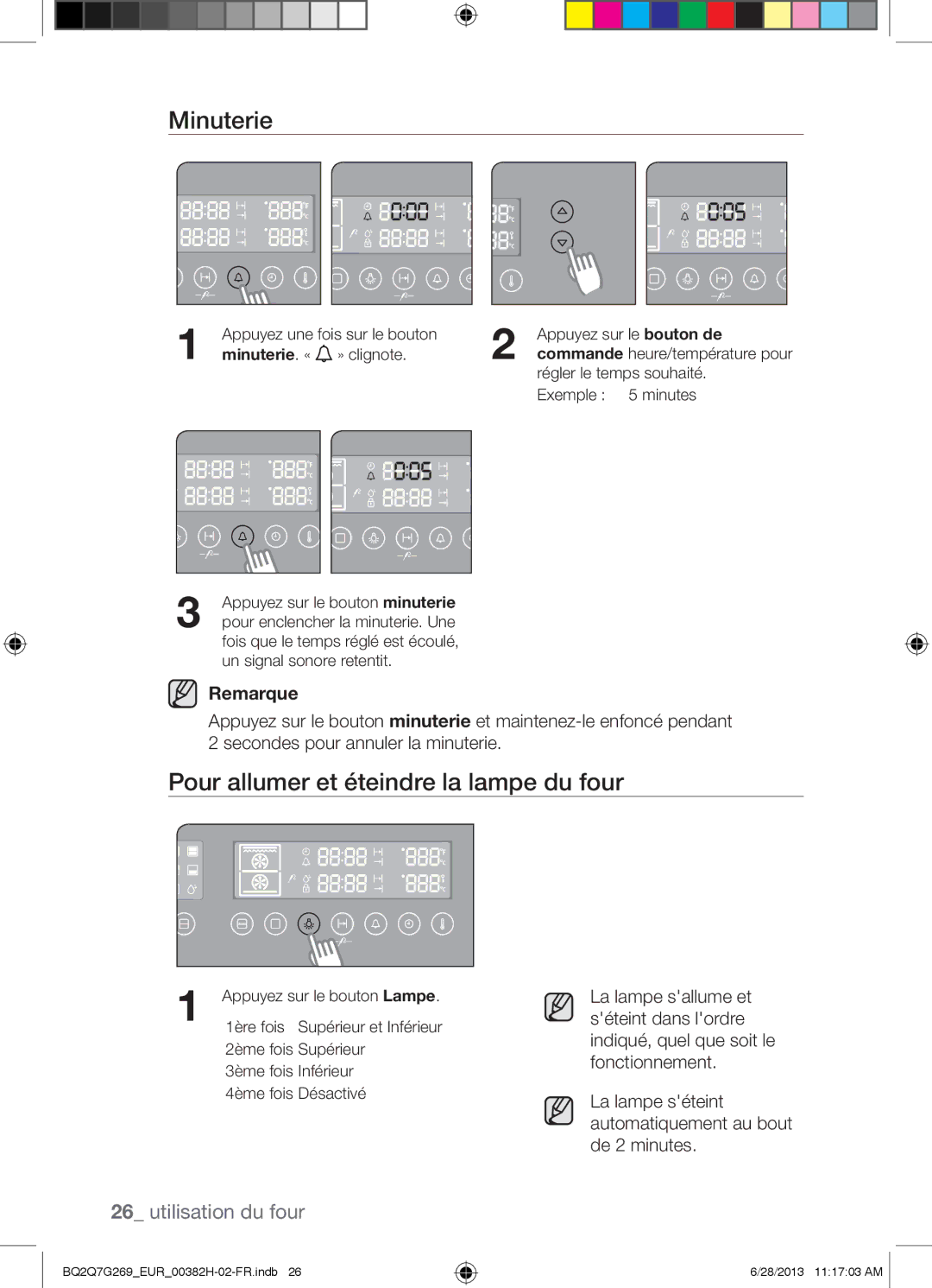 Samsung BQ2Q7G269/EUR manual Minuterie, Pour allumer et éteindre la lampe du four 