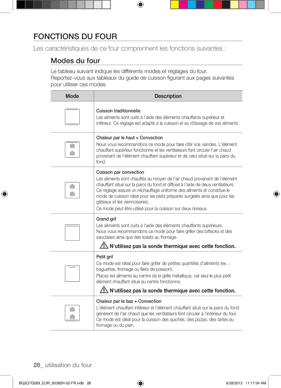 Samsung BQ2Q7G269/EUR manual Fonctions DU Four, Modes du four, Mode Description 