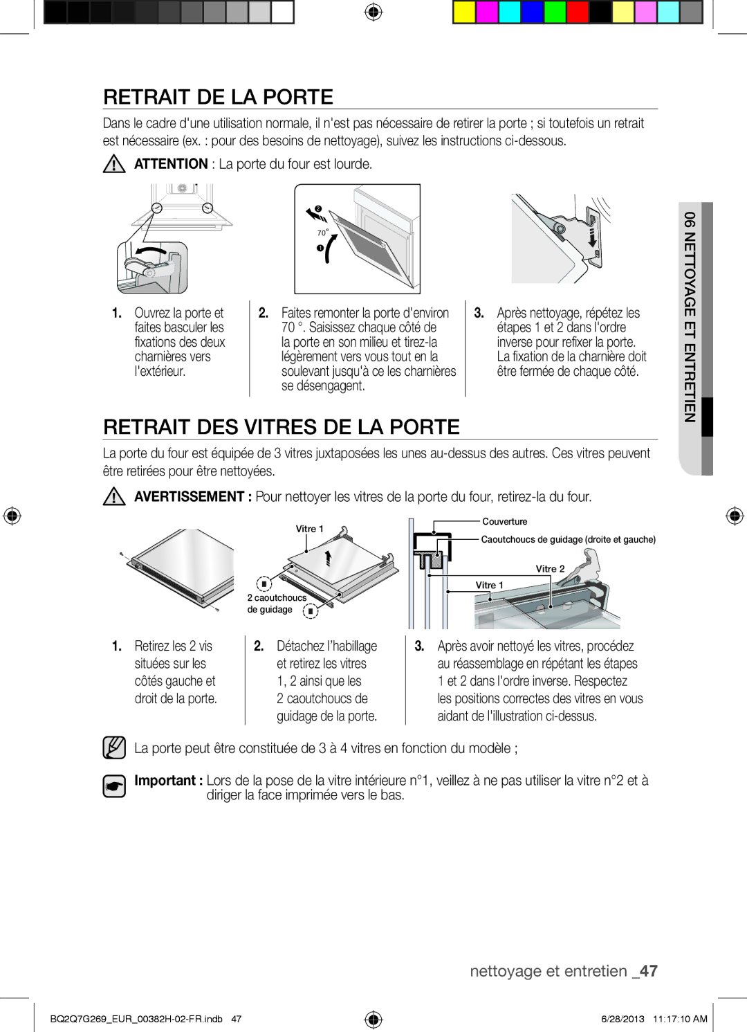 Samsung BQ2Q7G269/EUR manual Retrait DE LA Porte, Retrait DES Vitres DE LA Porte 