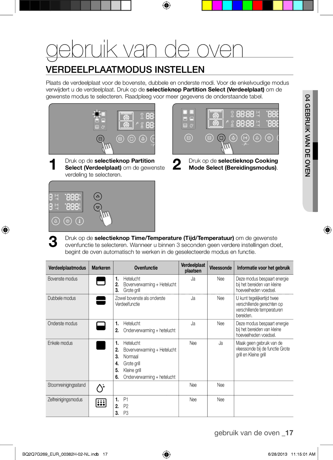 Samsung BQ2Q7G269/EUR manual Gebruik van de oven, Verdeelplaatmodus Instellen, Druk op de selectieknop Partition 