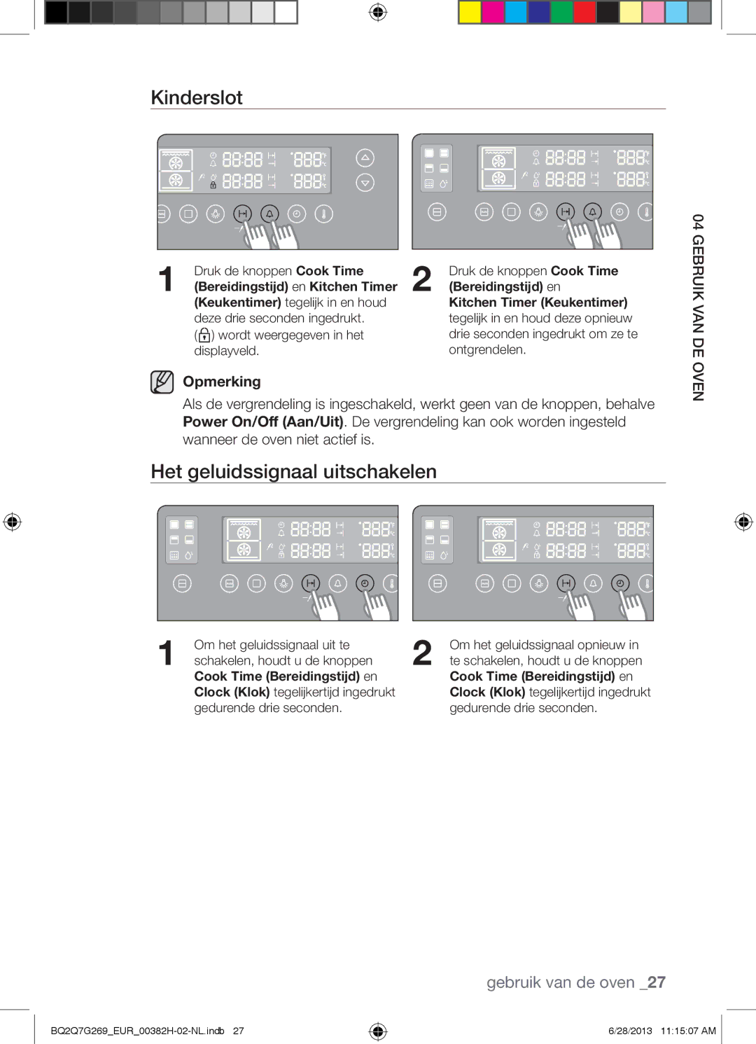 Samsung BQ2Q7G269/EUR manual Kinderslot, Het geluidssignaal uitschakelen, Bereidingstijd en 