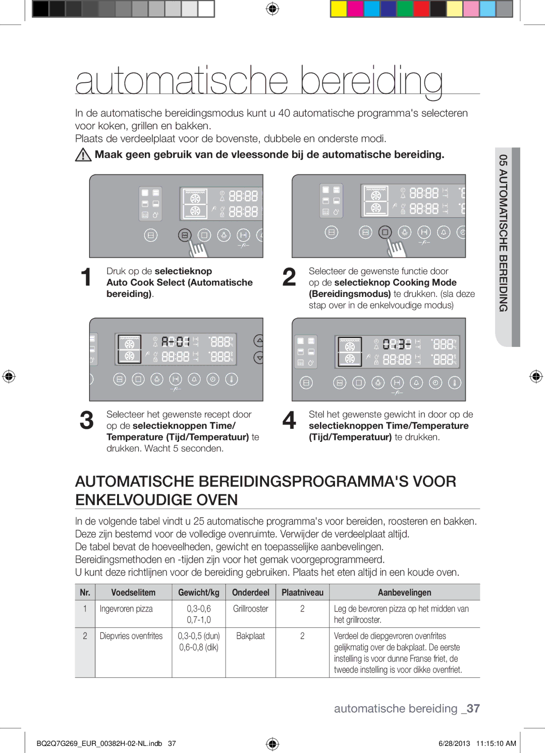 Samsung BQ2Q7G269/EUR Automatische bereiding, Automatische Bereidingsprogrammas Voor Enkelvoudige Oven, Aanbevelingen 