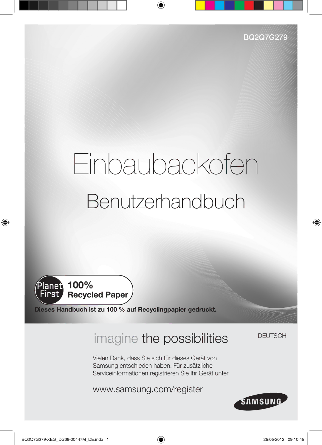 Samsung BQ2Q7G279/XEG manual Einbaubackofen, Dieses Handbuch ist zu 100 % auf Recyclingpapier gedruckt 