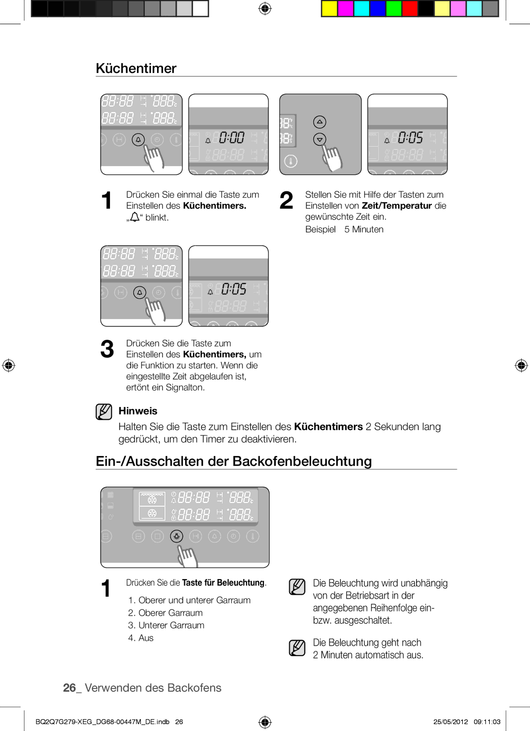 Samsung BQ2Q7G279/XEG manual Küchentimer, Ein-/Ausschalten der Backofenbeleuchtung 