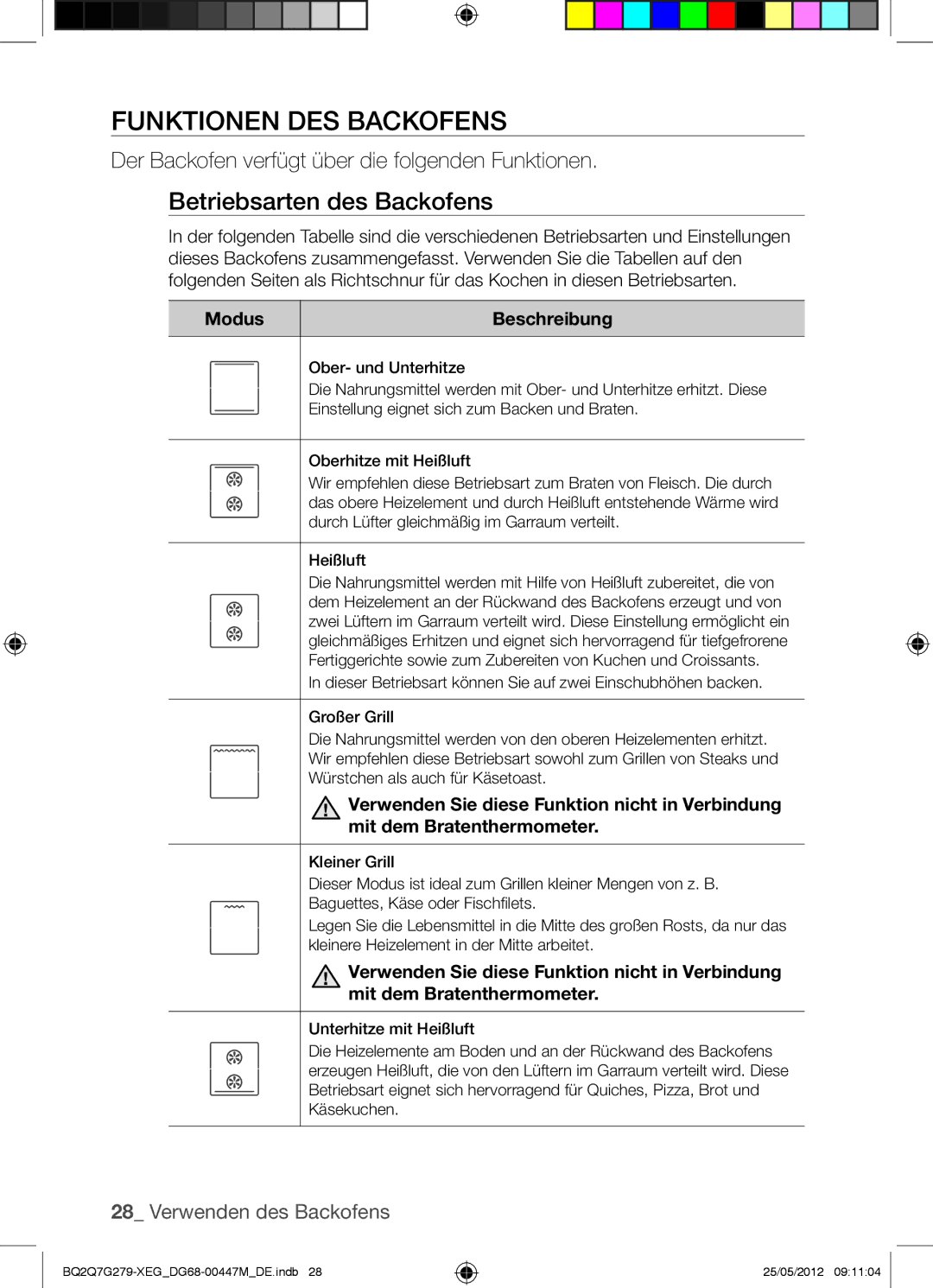 Samsung BQ2Q7G279/XEG manual Funktionen DES Backofens, Betriebsarten des Backofens, Modus Beschreibung 