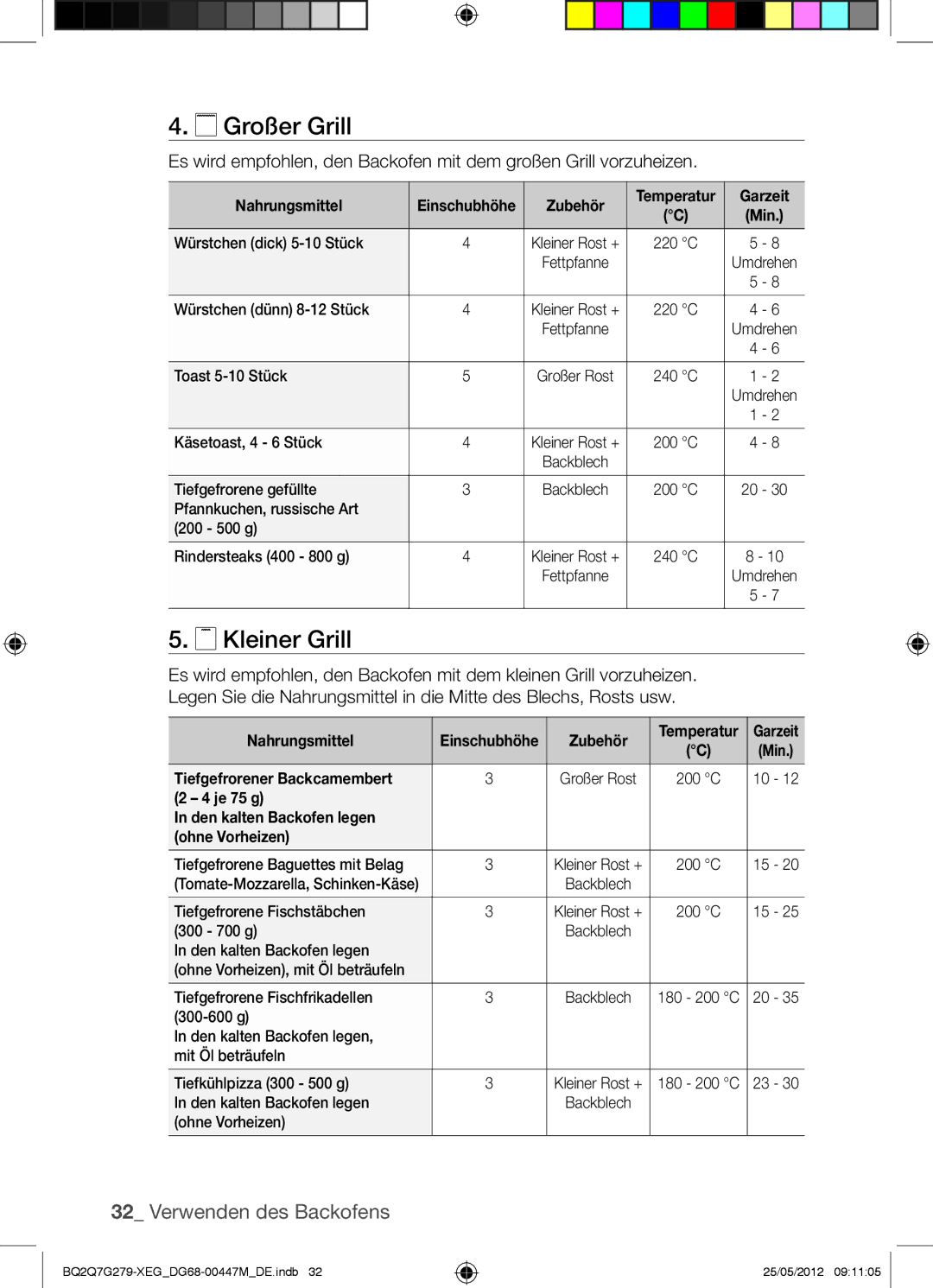 Samsung BQ2Q7G279/XEG manual Großer Grill, Kleiner Grill, Je 75 g Den kalten Backofen legen Ohne Vorheizen 