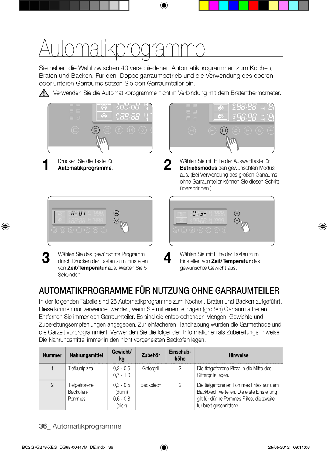 Samsung BQ2Q7G279/XEG manual Automatikprogramme FÜR Nutzung Ohne Garraumteiler, Hinweise 