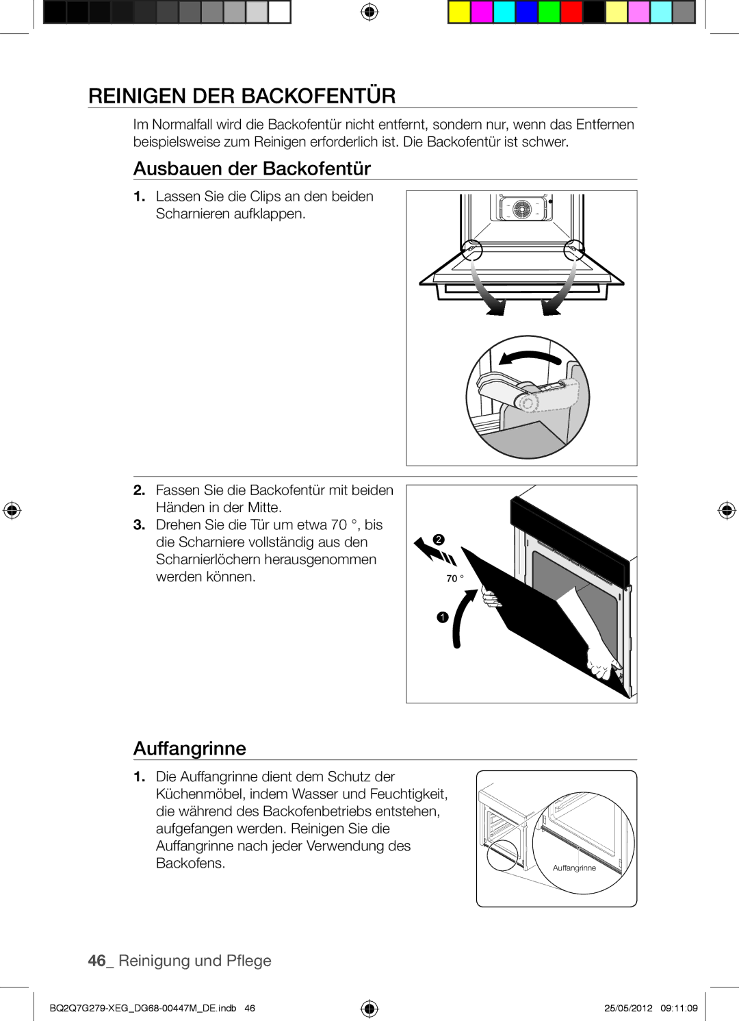 Samsung BQ2Q7G279/XEG manual Reinigen DER Backofentür, Ausbauen der Backofentür, Auffangrinne nach jeder 