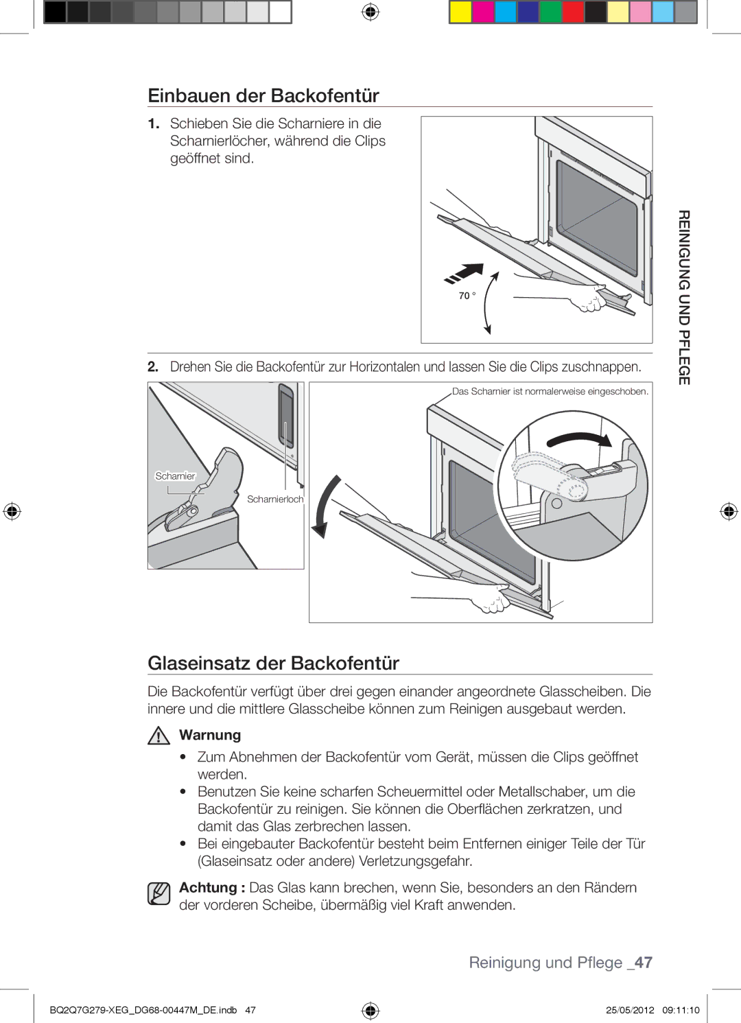 Samsung BQ2Q7G279/XEG manual Einbauen der Backofentür, Glaseinsatz der Backofentür 