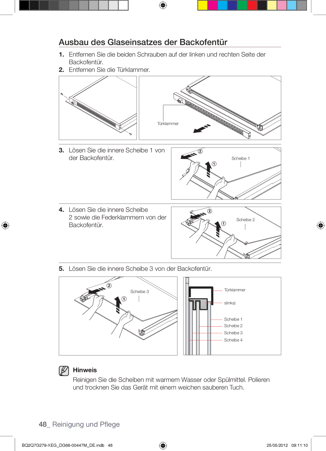 Samsung BQ2Q7G279/XEG manual Ausbau des Glaseinsatzes der Backofentür, Hinweis 