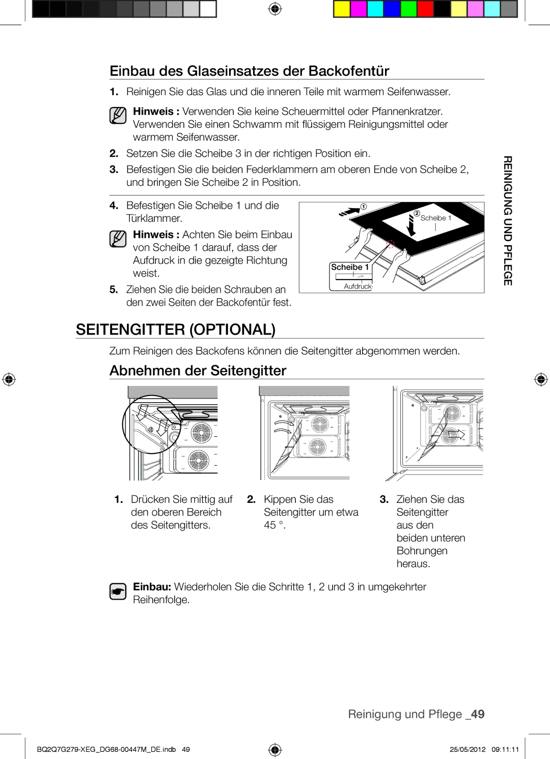 Samsung BQ2Q7G279/XEG manual Seitengitter Optional, Einbau des Glaseinsatzes der Backofentür, Abnehmen der Seitengitter 