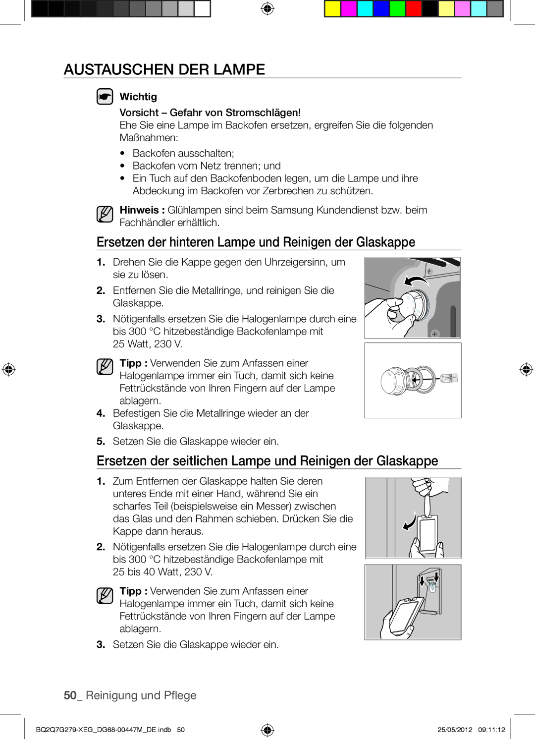 Samsung BQ2Q7G279/XEG manual Austauschen DER Lampe, Ersetzen der hinteren Lampe und Reinigen der Glaskappe 