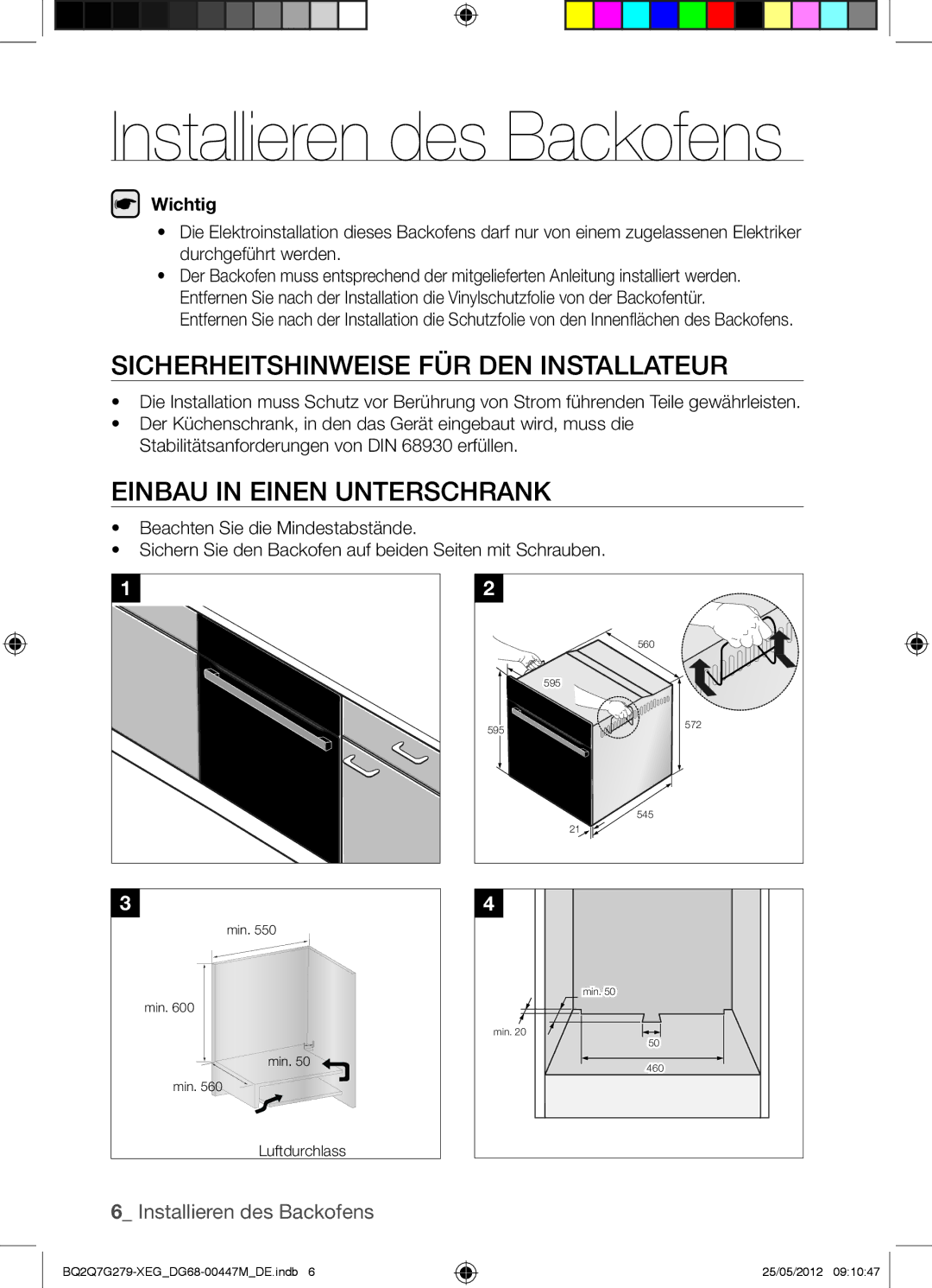 Samsung BQ2Q7G279/XEG Installieren des Backofens, Sicherheitshinweise FÜR DEN Installateur, Einbau in Einen Unterschrank 