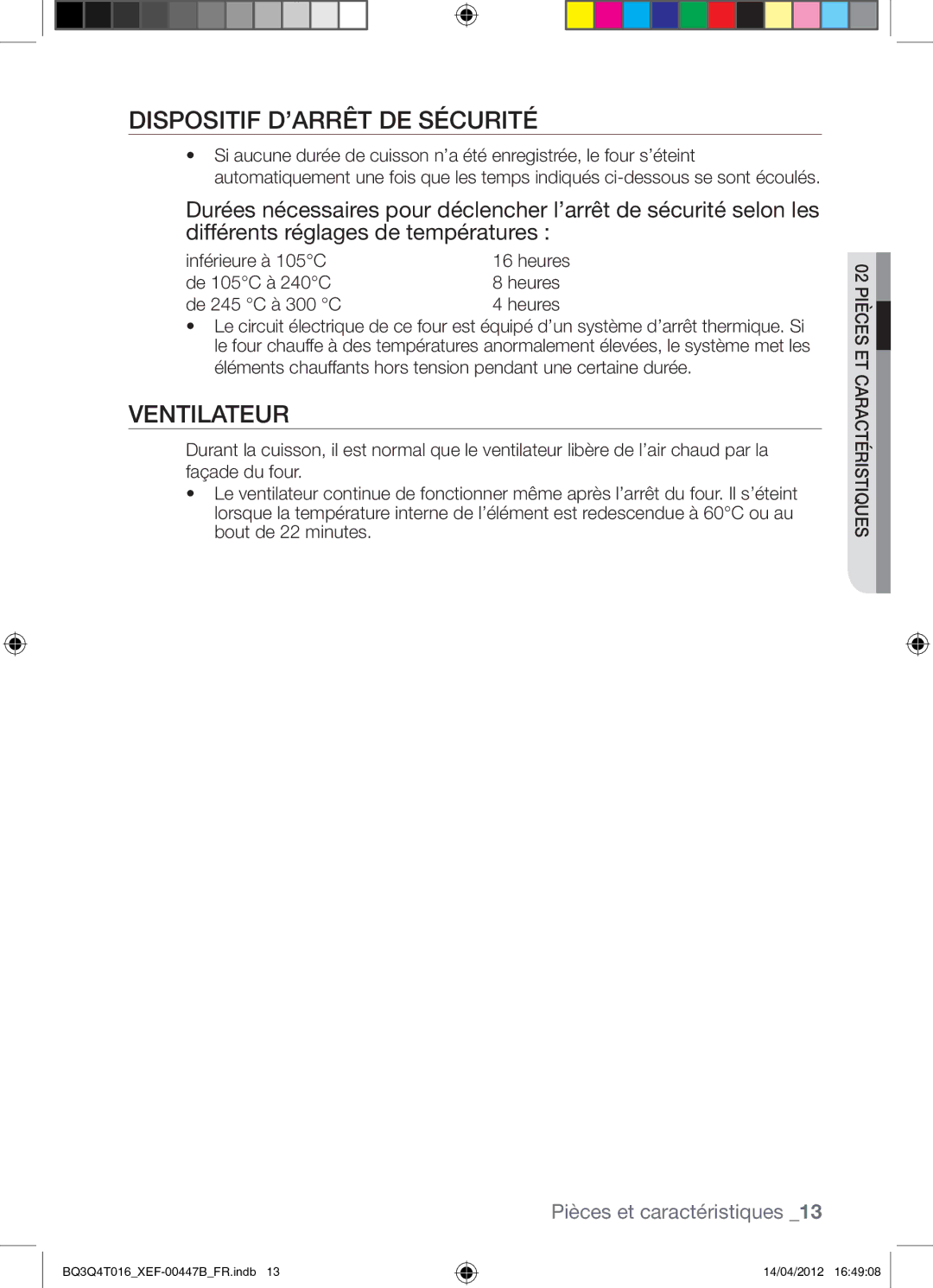 Samsung BQ3Q4T016/XEF manual Dispositif D’ARRÊT DE Sécurité, Ventilateur, Inférieure à 105C 