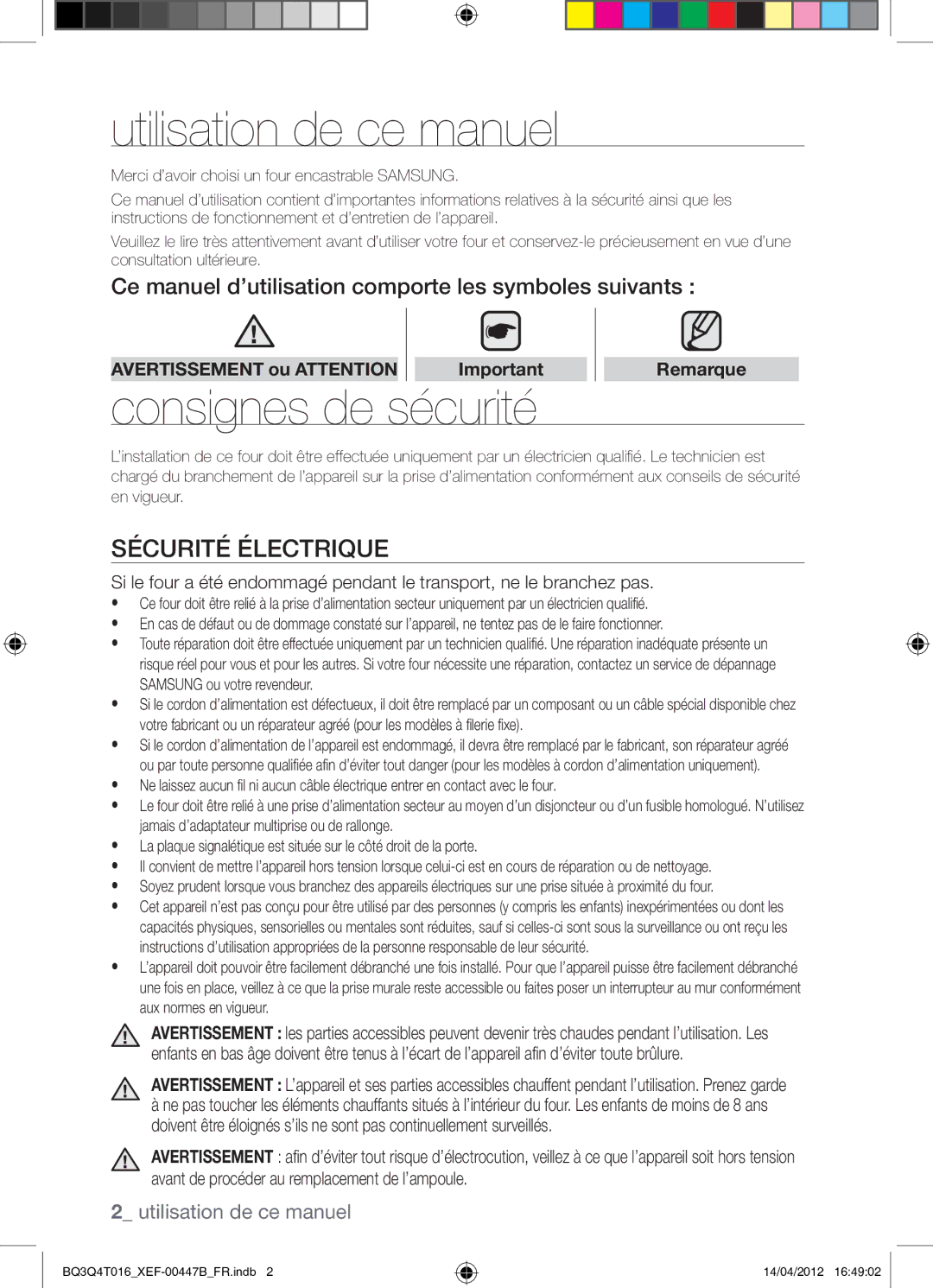 Samsung BQ3Q4T016/XEF manual Utilisation de ce manuel, Consignes de sécurité, Sécurité Électrique 