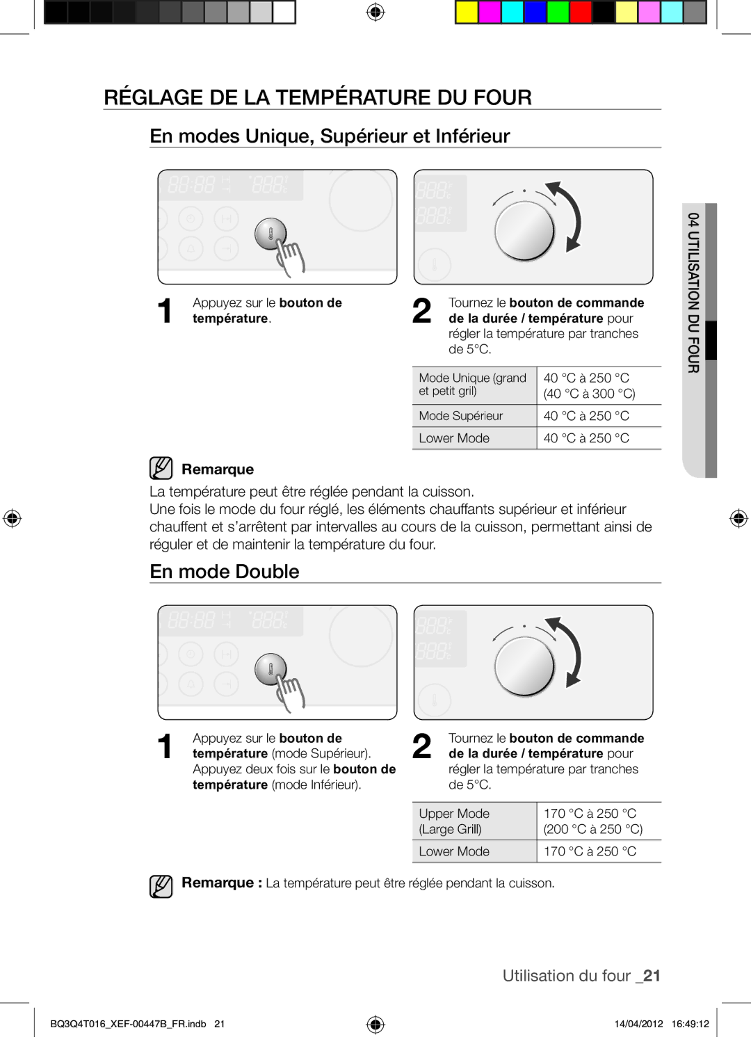 Samsung BQ3Q4T016/XEF manual Réglage DE LA Température DU Four, En modes Unique, Supérieur et Inférieur, En mode Double 