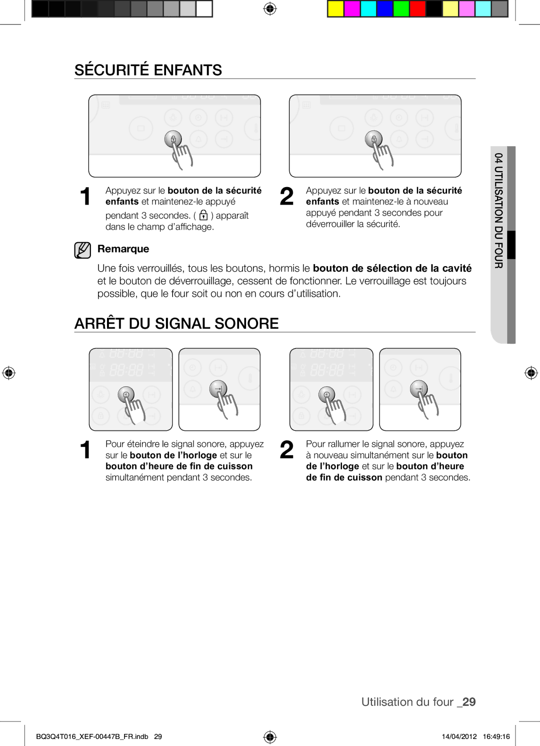 Samsung BQ3Q4T016/XEF manual Sécurité Enfants, Arrêt DU Signal Sonore, Sur le bouton de l’horloge et sur le 