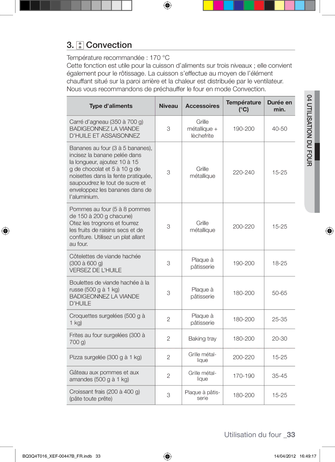 Samsung BQ3Q4T016/XEF manual Convection, Température recommandée 170 C 