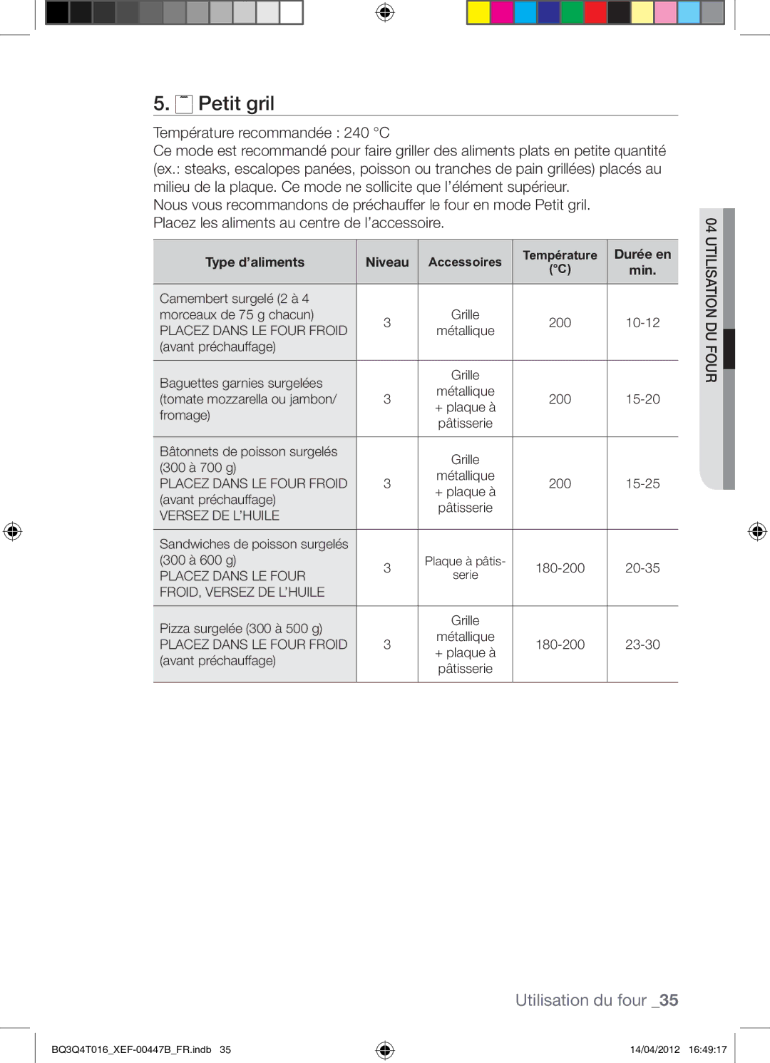 Samsung BQ3Q4T016/XEF manual Petit gril, Température recommandée 240 C 