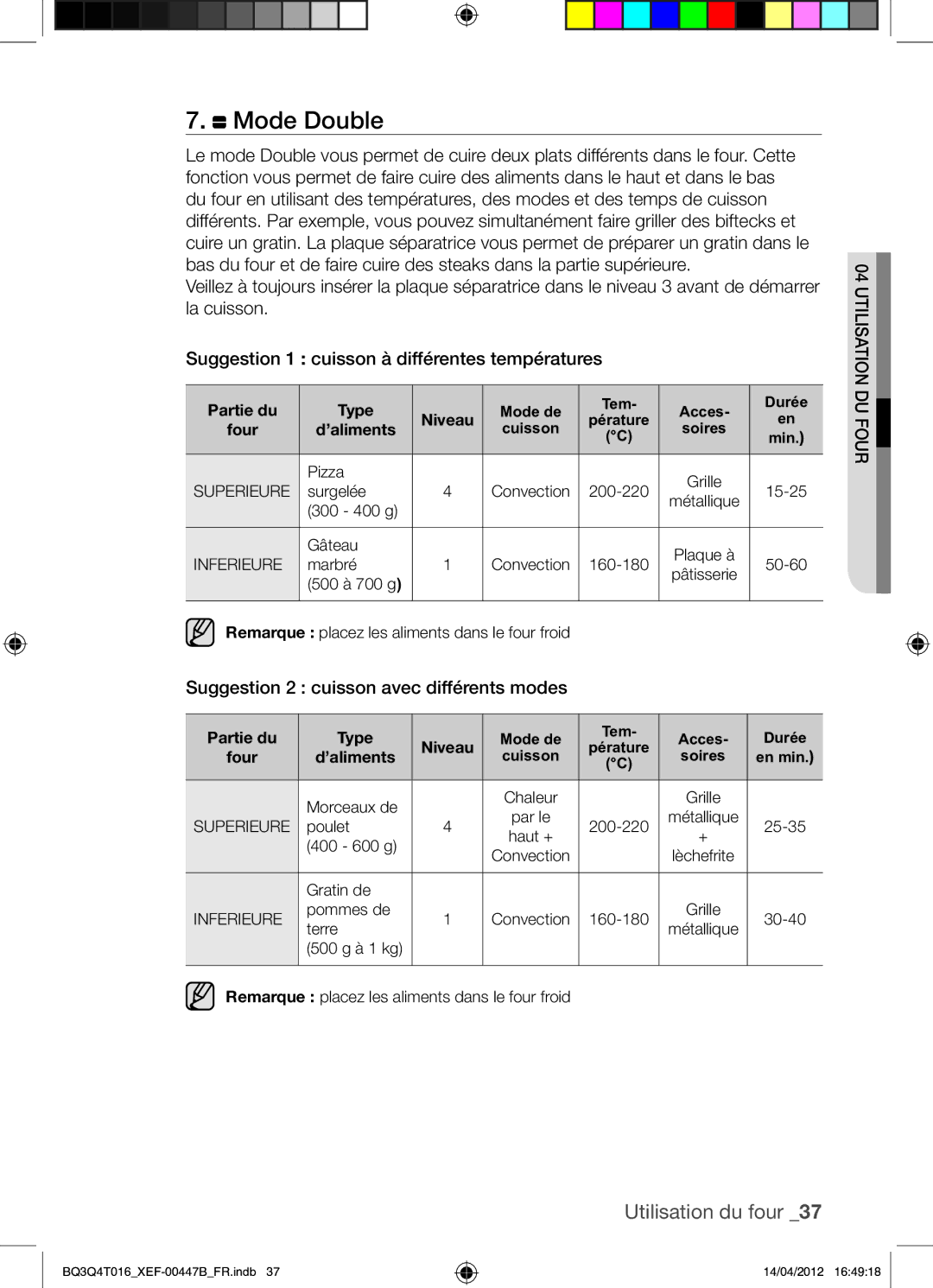 Samsung BQ3Q4T016/XEF manual Suggestion 2 cuisson avec différents modes, ’aliments, Partie du Type Niveau 