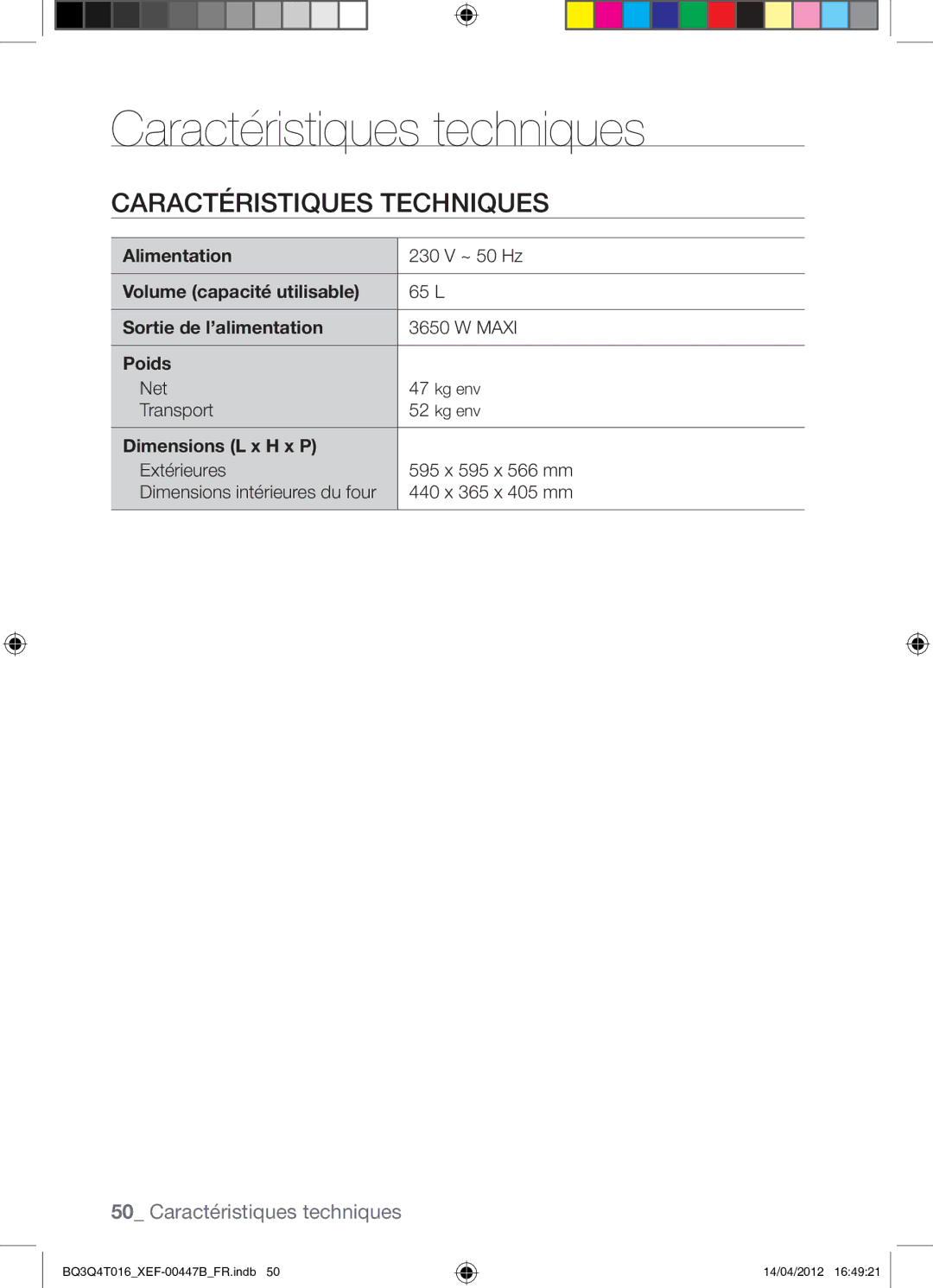 Samsung BQ3Q4T016/XEF manual Caractéristiques techniques, Caractéristiques Techniques 