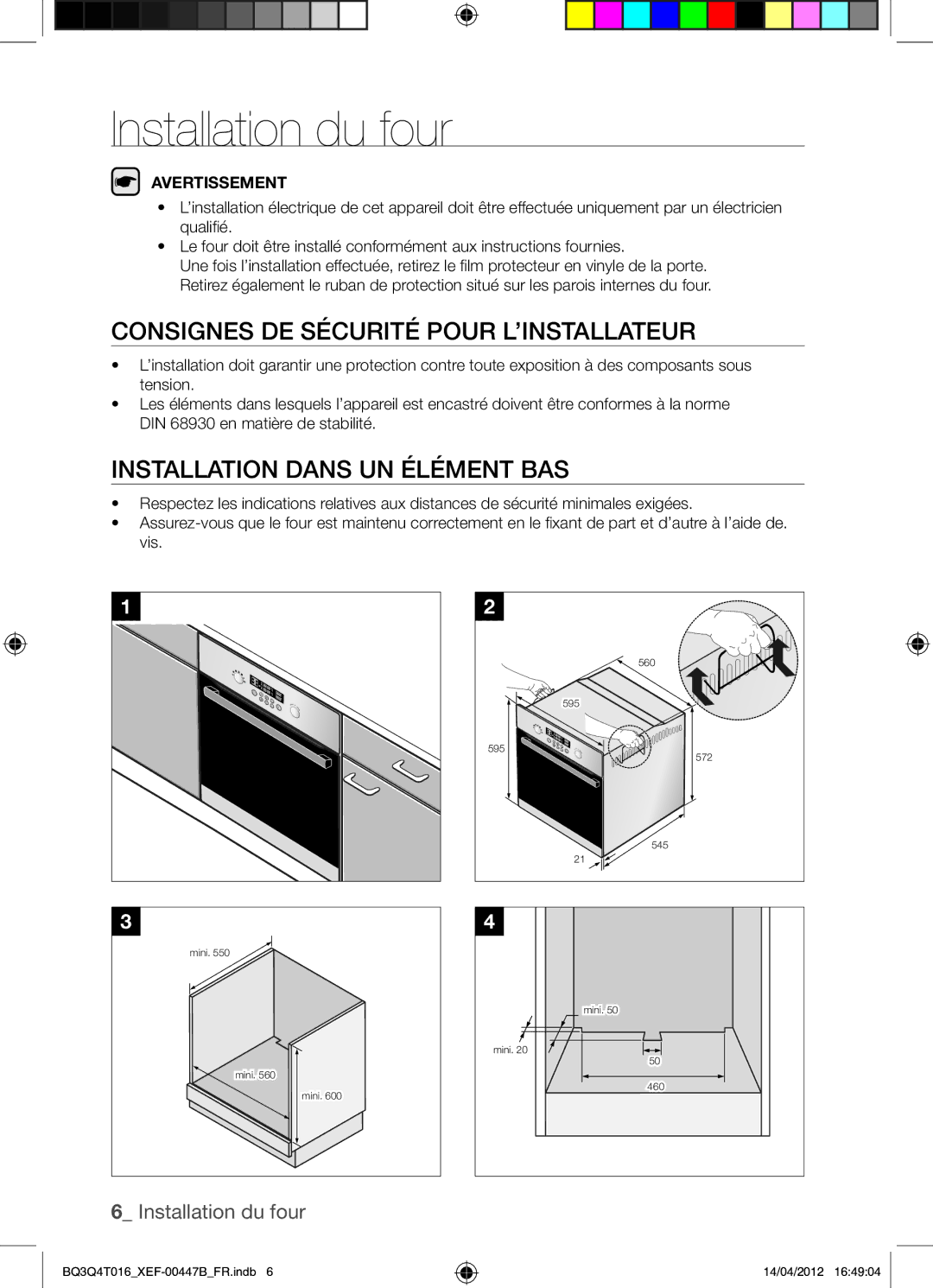 Samsung BQ3Q4T016/XEF Installation du four, Consignes DE Sécurité Pour L’INSTALLATEUR, Installation Dans UN Élément BAS 