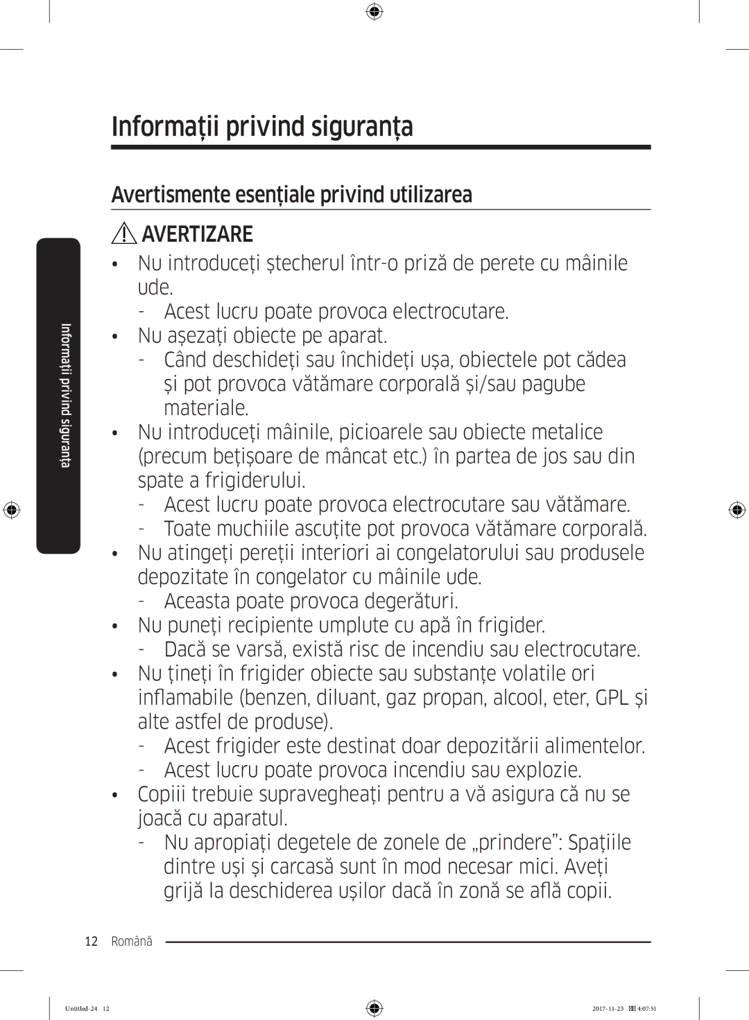 Samsung BRB260030WW/EF manual Avertismente esenţiale privind utilizarea 