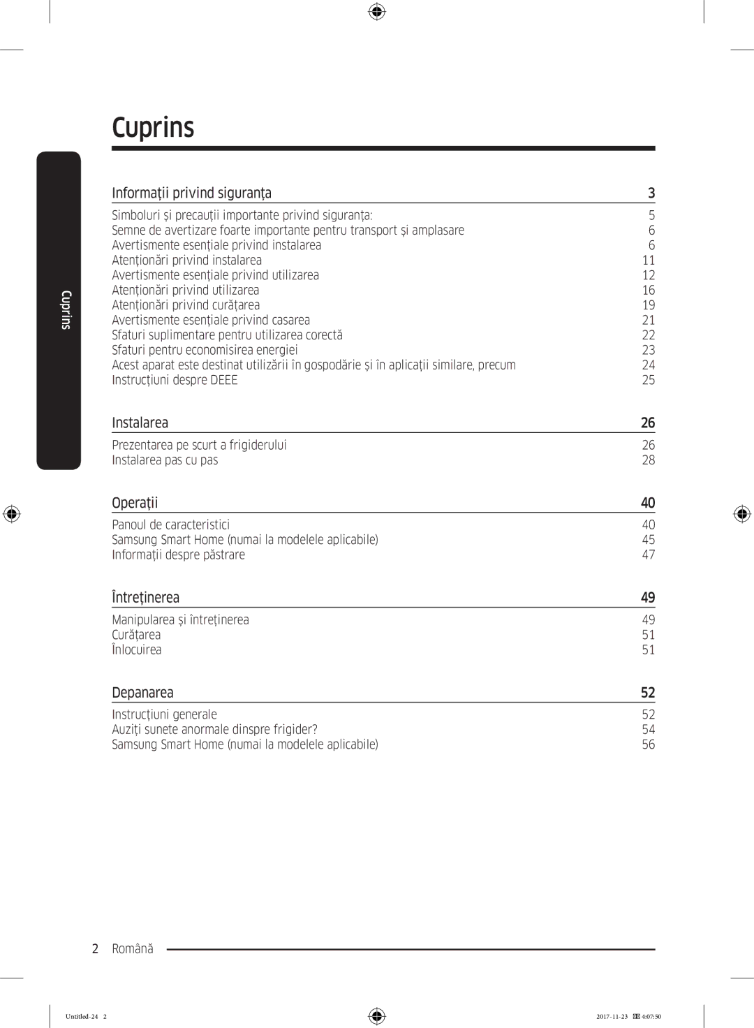 Samsung BRB260030WW/EF manual Informaţii privind siguranţa, Instalarea, Operaţii, Întreţinerea, Depanarea 