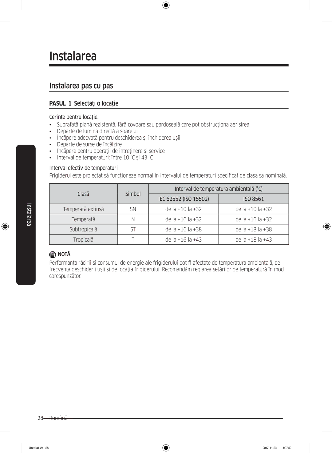 Samsung BRB260030WW/EF manual Instalarea pas cu pas, Pasul 1 Selectaţi o locaţie 