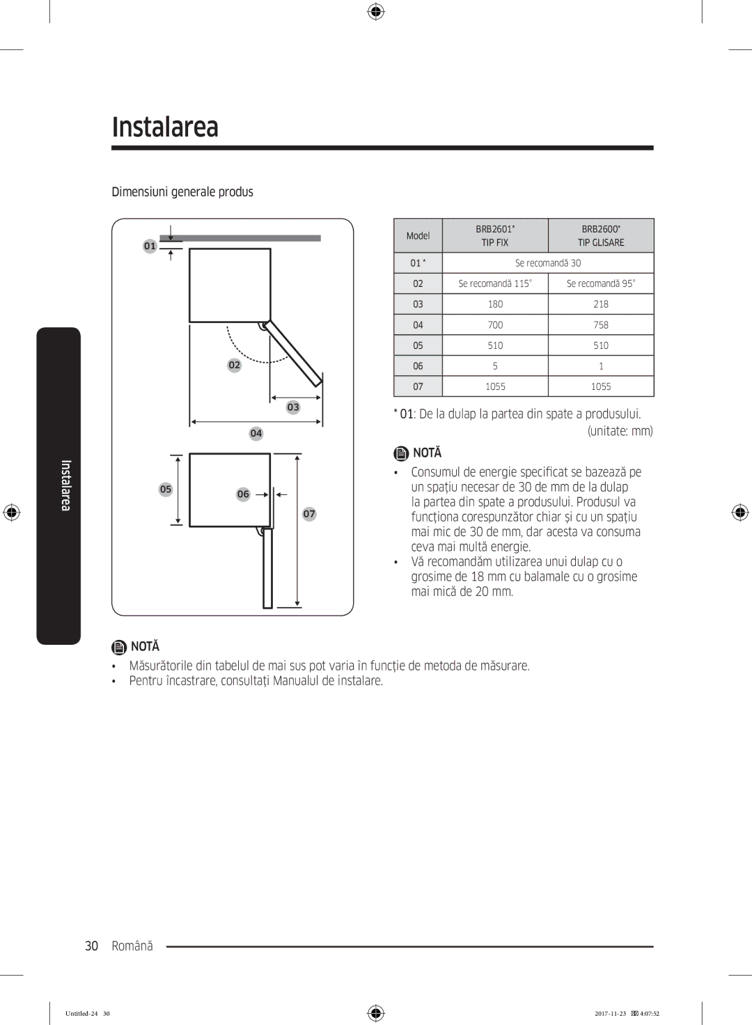 Samsung BRB260030WW/EF manual Dimensiuni generale produs 