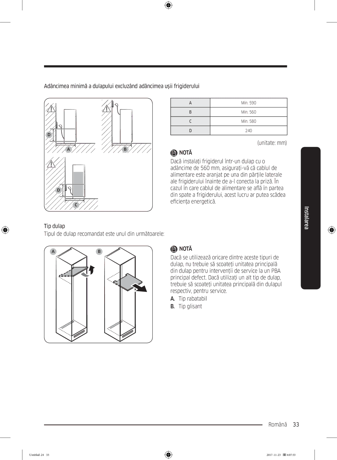 Samsung BRB260030WW/EF manual Tip dulap, Tip rabatabil Tip glisant Română  