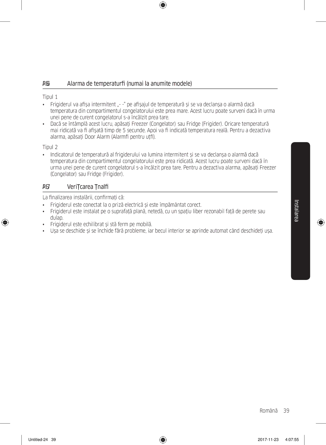 Samsung BRB260030WW/EF manual Pasul 6 Alarma de temperatură numai la anumite modele, Pasul 7 Verificarea finală 