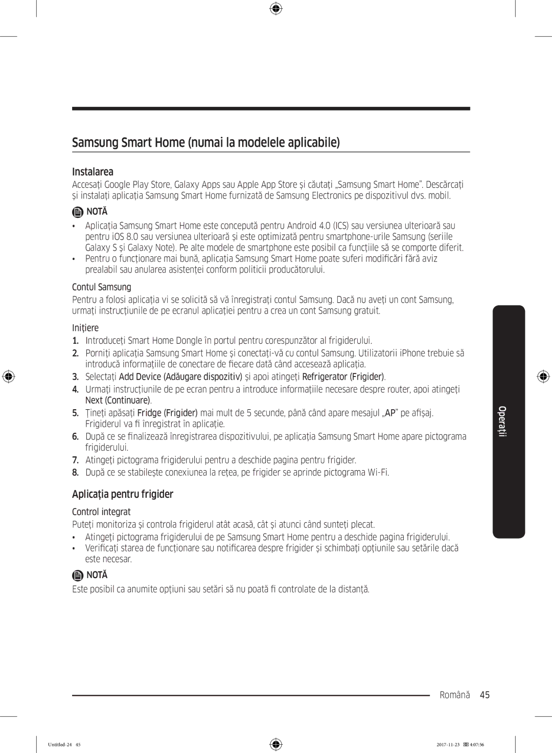 Samsung BRB260030WW/EF manual Samsung Smart Home numai la modelele aplicabile, Aplicaţia pentru frigider 