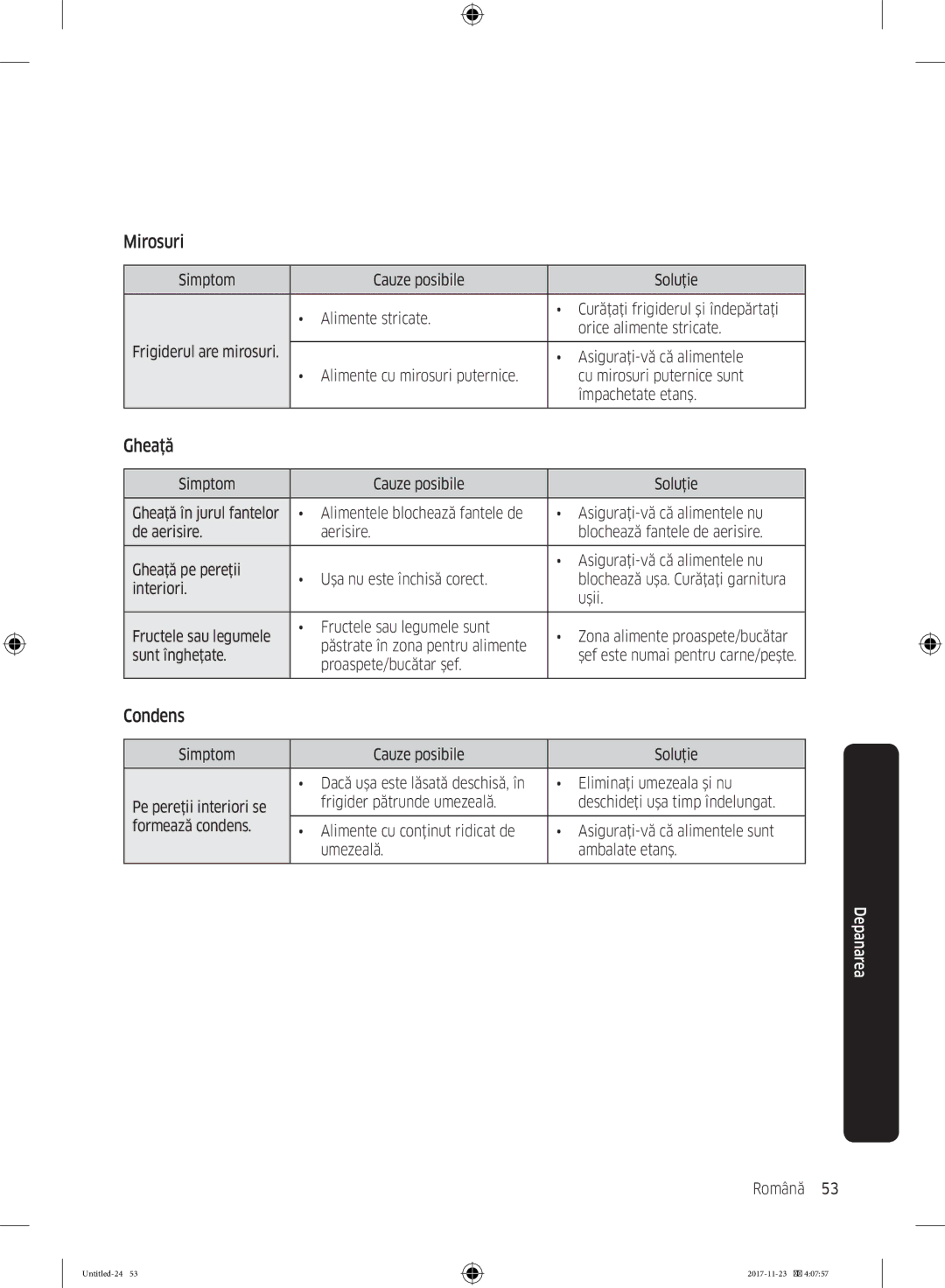 Samsung BRB260030WW/EF manual Mirosuri, Gheață, Condens 