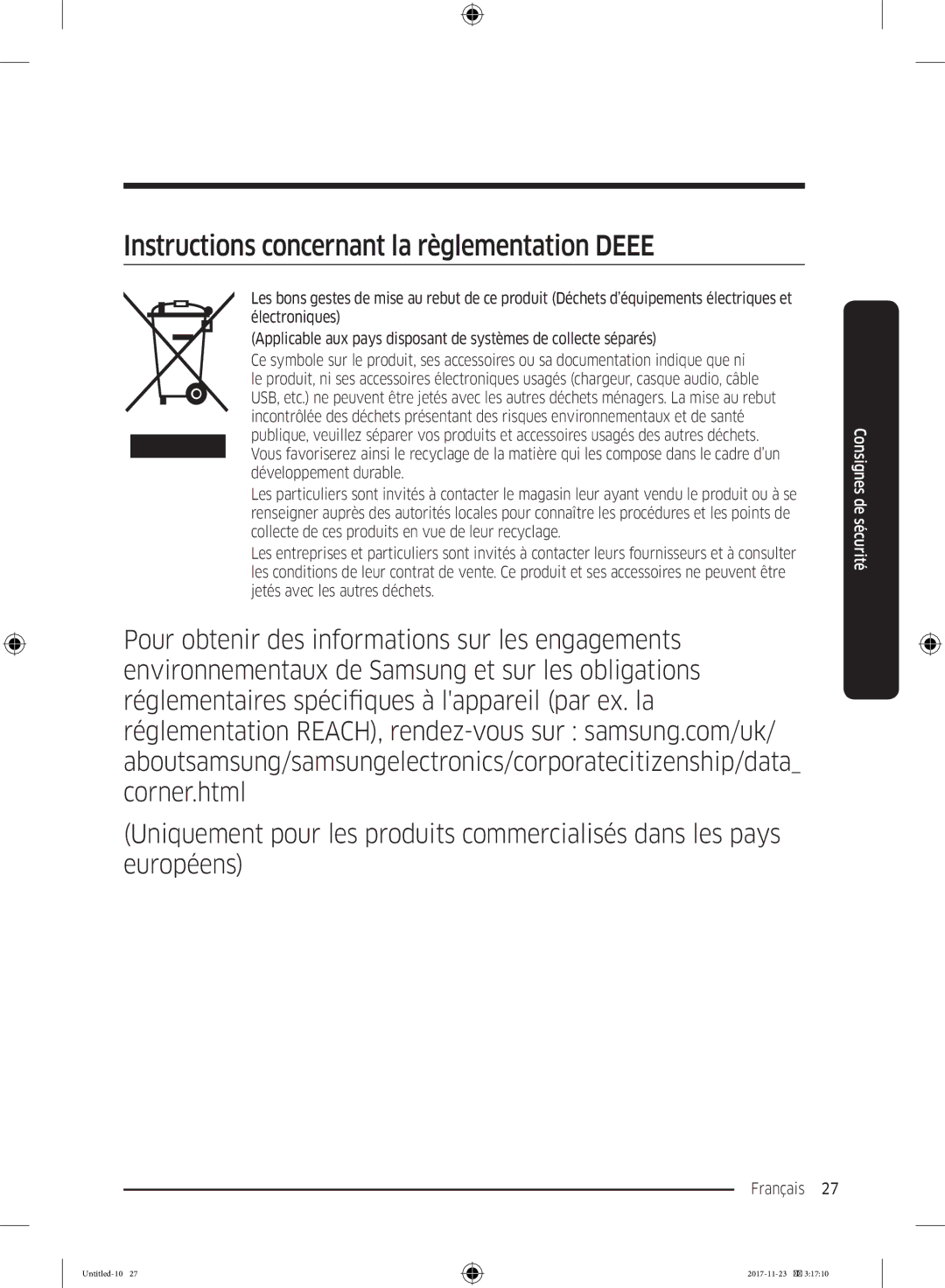 Samsung BRB260030WW/EF, BRB260087WW/EF, BRB260000WW/EF, BRB260130WW/EF manual Instructions concernant la règlementation Deee 