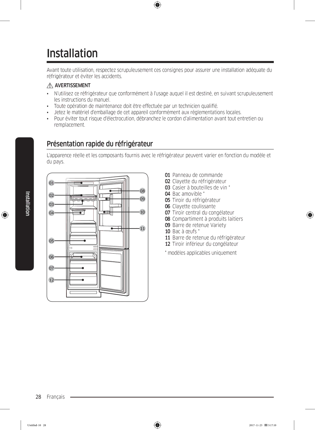 Samsung BRB260176WW/EF, BRB260087WW/EF, BRB260000WW/EF, BRB260130WW/EF Installation, Présentation rapide du réfrigérateur 