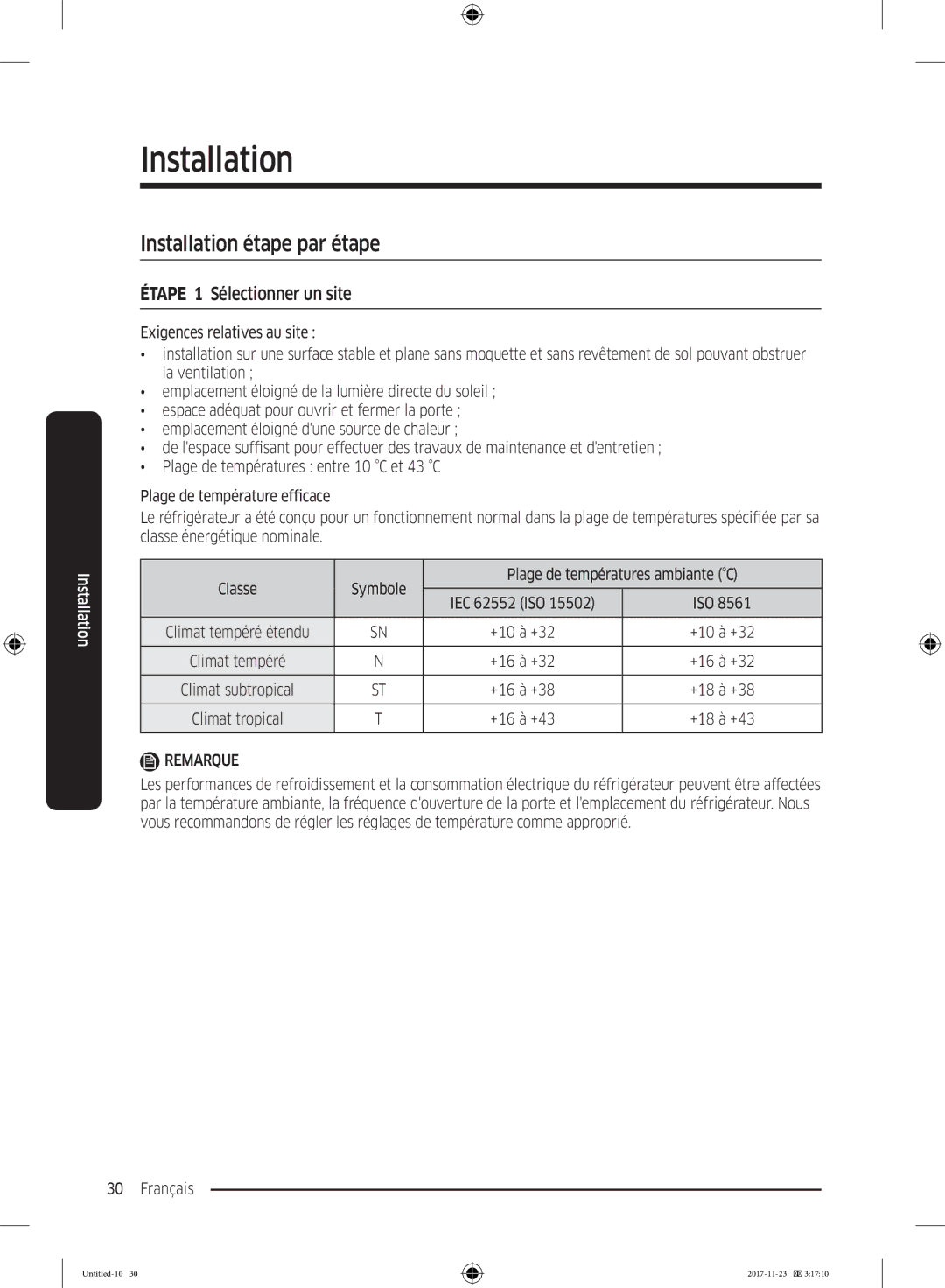 Samsung BRB260087WW/EF, BRB260000WW/EF, BRB260130WW/EF manual Installation étape par étape, Étape 1 Sélectionner un site 