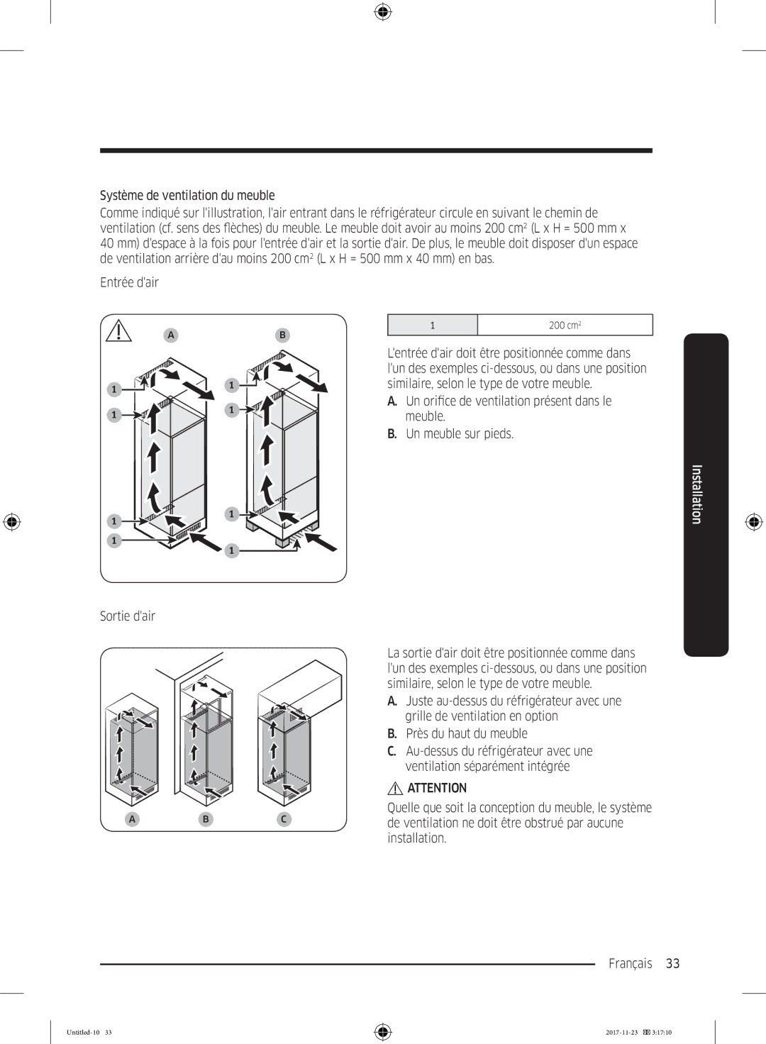 Samsung BRB260034WW/EF, BRB260087WW/EF, BRB260000WW/EF, BRB260130WW/EF, BRB260076WW/EF manual Système de ventilation du meuble 